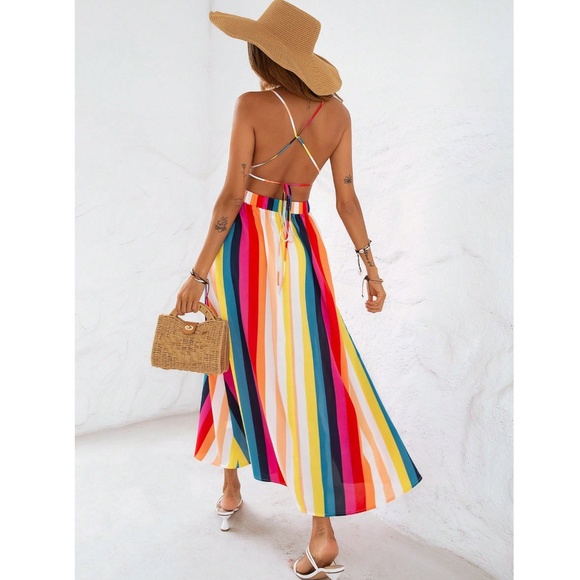 Striped Multicolor Backless Strappy V-Neck Maxi Dress Leg Slit - Picture 7 of 16